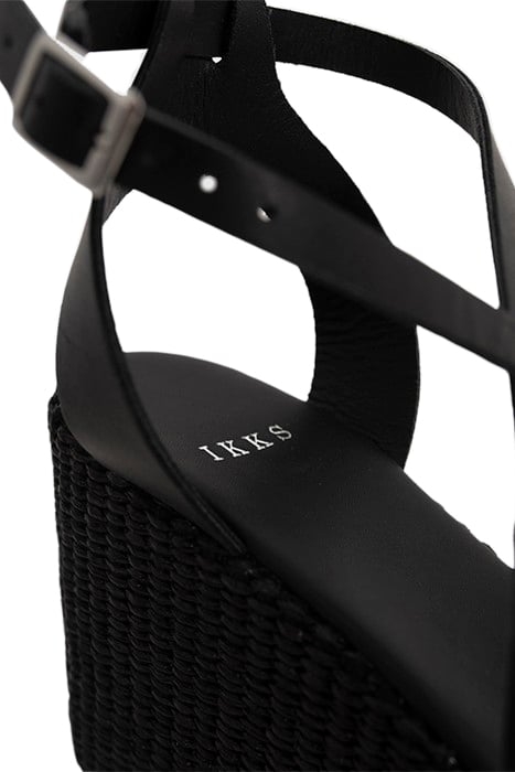 BLACK LEATHER RAFFIA HEEL WEDGE SANDALS 8