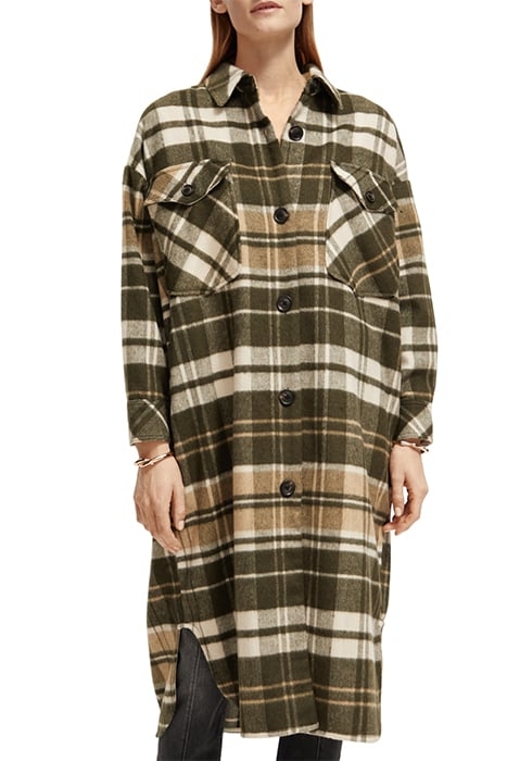 WOOL BLEND CHECKED LONG SHIRT JACKET FIELD GREEN 1