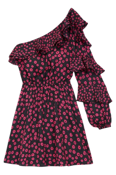 ONE SHOULDER PRINT DAISY DOTS LONG SLEEVED SHORT DRESS PINK 1