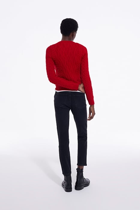 ROUND-NECK CABLE WOOL SWEATER TANGO RED 4