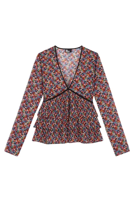 LONG-SLEEVED V-NECK TOP WITH PLEATED RUFFLES MULTICOLOR 1