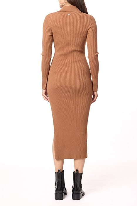 HENLEY MOCK NECK DRESS MEDIUM BROWN W/ IVORY CONTRAST 3