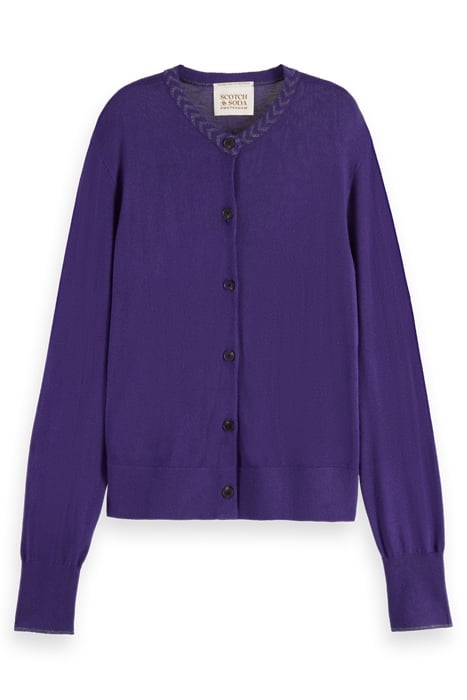 JACQUARD TRIM CREW NECK CARDIGAN AUBERGINE 1