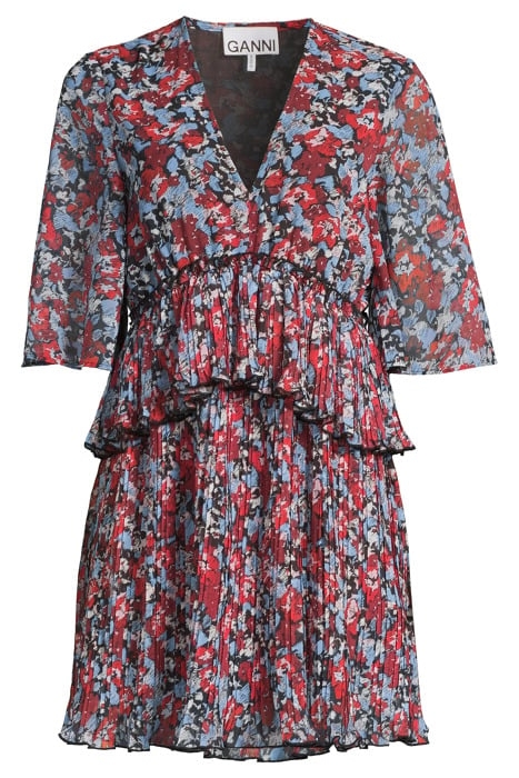 PLEATED GEORGETTE V-NECK FLOUNCE MINI DRESS HIGH RISK RED 3