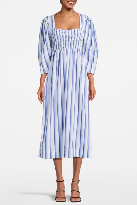 STRIPE COTTON OPEN-NECK SMOCK LONG DRESS SILVER LAKE BLUE 1