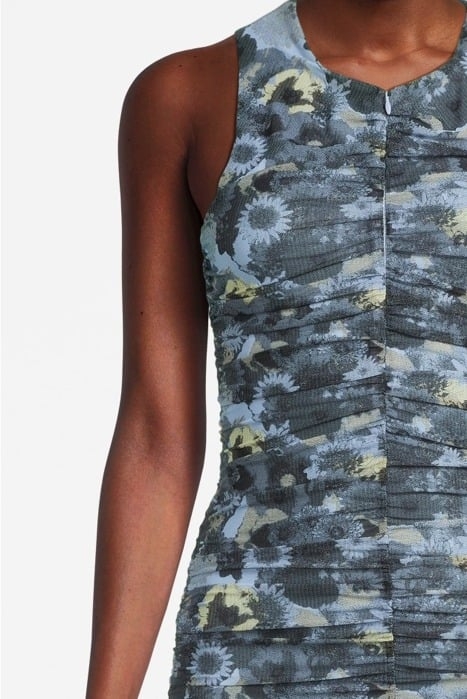PRINTED MESH RUCHED SLEVELESS MIDI DRESS BRUNNERA BLUE 4