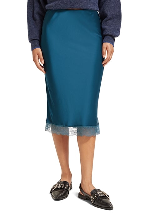 SATIN HIGH RISE MIDI SKIRT WITH LACE DETAIL DARK TEAL 1
