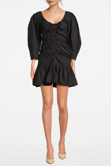 COTTON POPLIN GATHERED U-NECK MINI DRESS BLACK 1