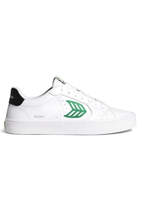 UNISEX SALVAS WHITE LEATHER GREEN LOGO AND BLACK SNEAKER 1