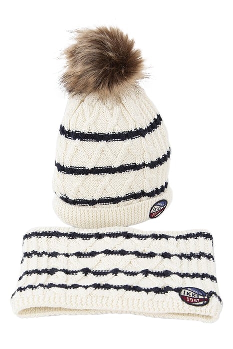 BABY BOYS’ ECRU STRIPED KNIT BEANIE & SNOOD, BALL BADGE OFF- 1