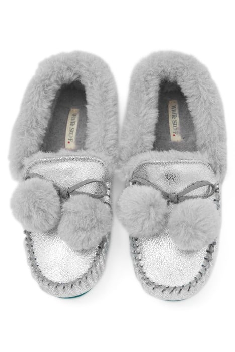 SUEDE AND SHEARLING MOCCASIN SILVER TONE METALLIC 3