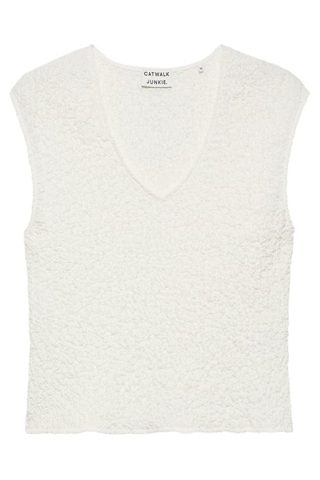 SMOCKED SLIM STRETCH V NECK TOP OFF WHITE 1