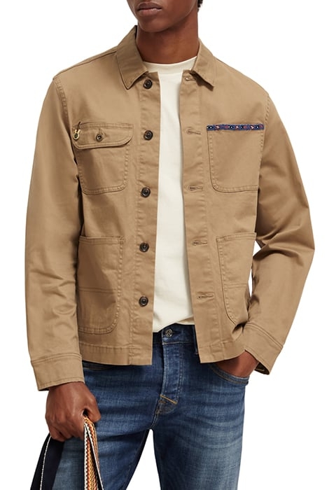 BEAD-TRIMMED TWILL WORKER JACKET TAUPE 7