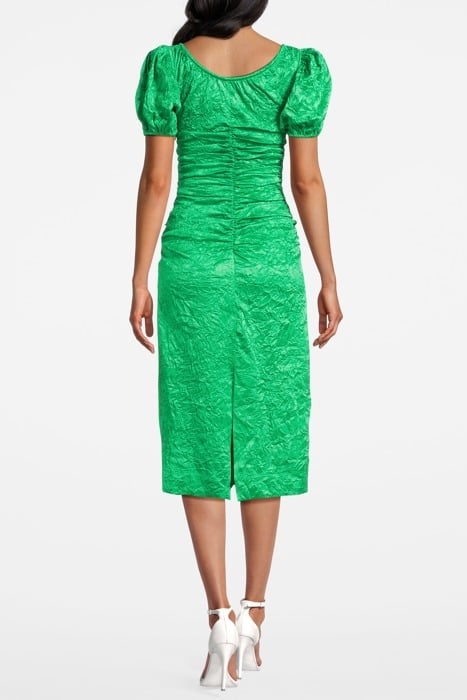 CRINKLED SATIN GATHERED U-NECK MIDI DRESS BRIGHT GREEN 2