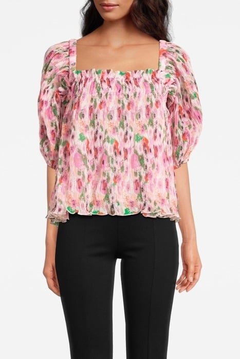 PLEATED GEORGETTE PUFF SLEEVE SMOCK TOP SUGAR PLUM 1