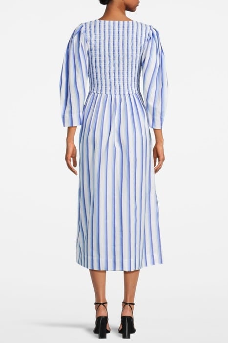 STRIPE COTTON OPEN-NECK SMOCK LONG DRESS SILVER LAKE BLUE 2