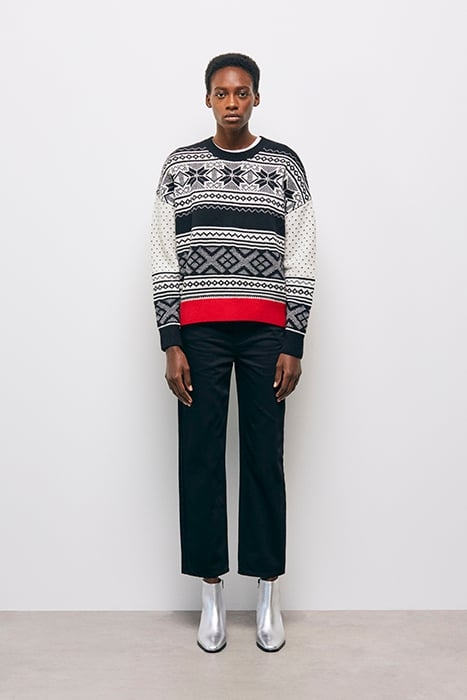 PULL COL ROND JACQUARD AVEC RIB CONTRASTE BLACK RED OFF WHIT 1