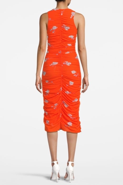 PRINTED MESH RUCHED SLEVELESS MIDI DRESS ORANGEADE 2