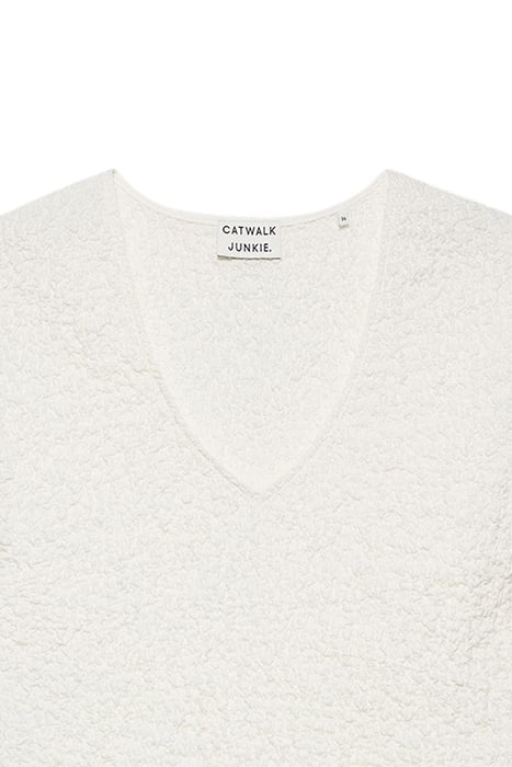 SMOCKED SLIM STRETCH V NECK TOP OFF WHITE 2