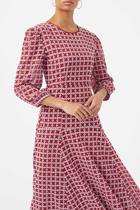 GEOMETRIC EMBR LS MAXI DRESS RED 3