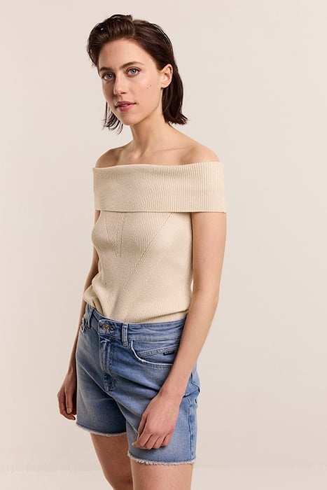 BARE SHOULDER TOP SOFT VISCOSE POLYAMIDE LUREX KNIT IVORY 1