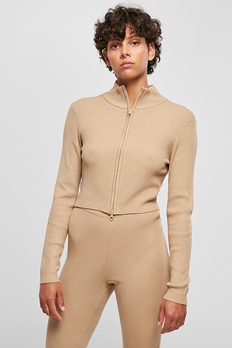 LADIES CROPPED RIB KNIT ZIP CARDIGAN UNIONBEIGE 1