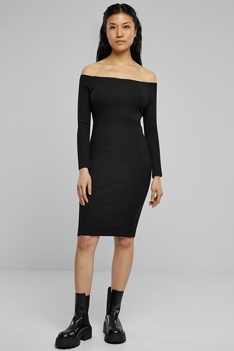 LADIES OFF SHOULDER LONGSLEEVE RIB DRESS BLACK 1