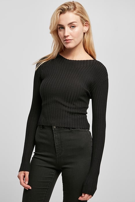 LADIES SHORT RIB KNIT TWISTED BACK SWEATER BLACK 1