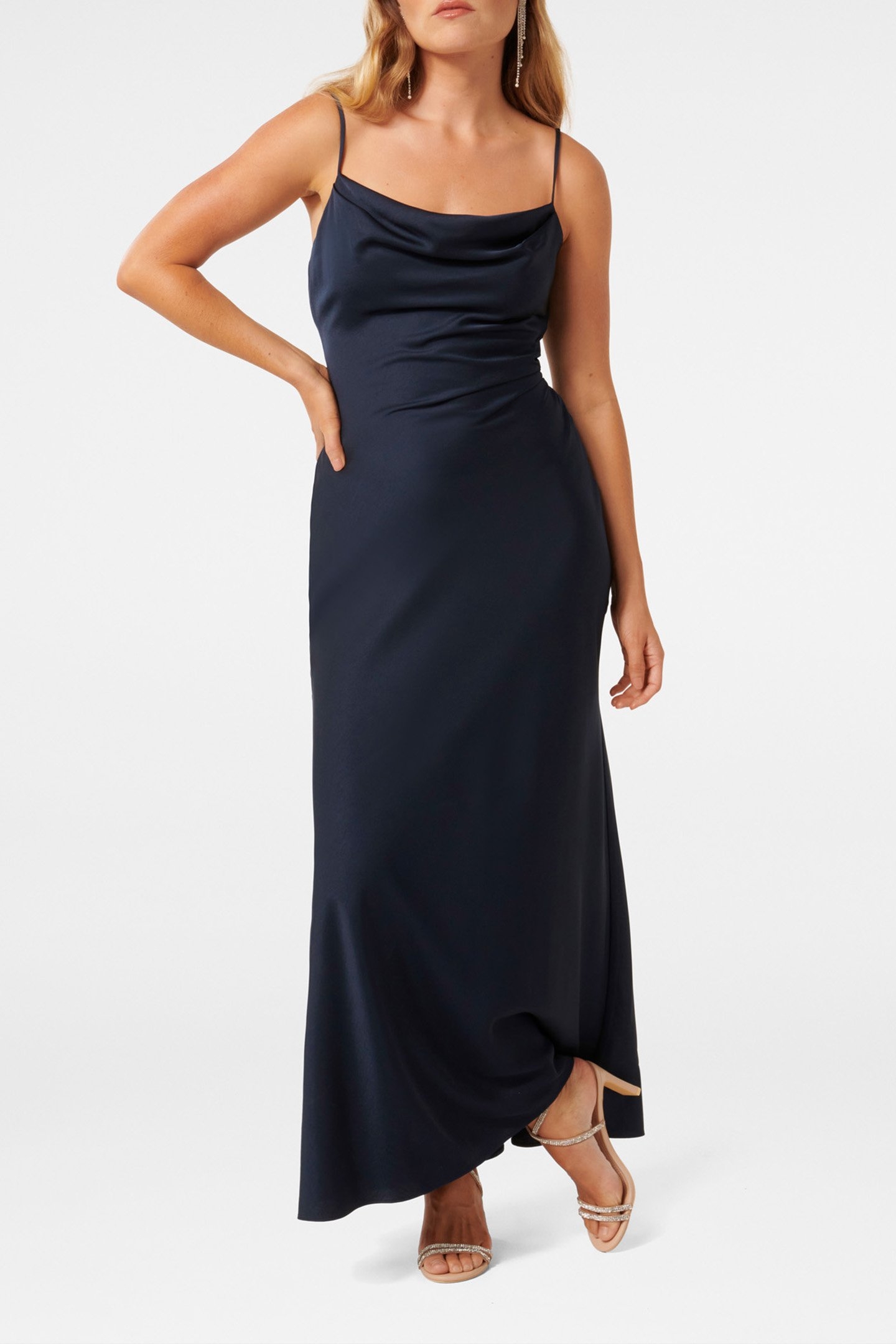 MIA PETITE BOAT NECK SATIN MAXI DRESS NAVY 1