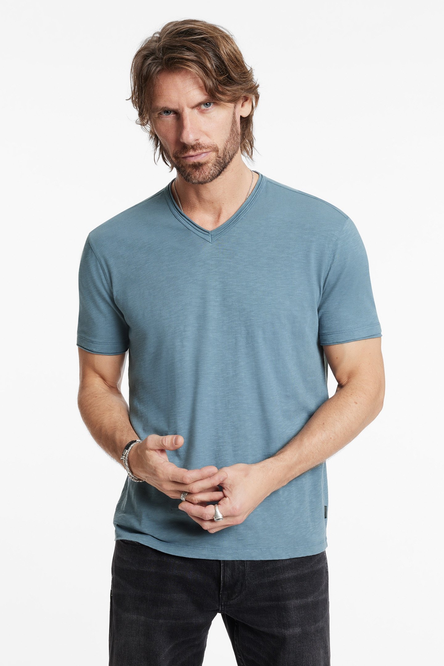 MILES SLUB V-NECK WITH CUT STEEL BLUE 1
