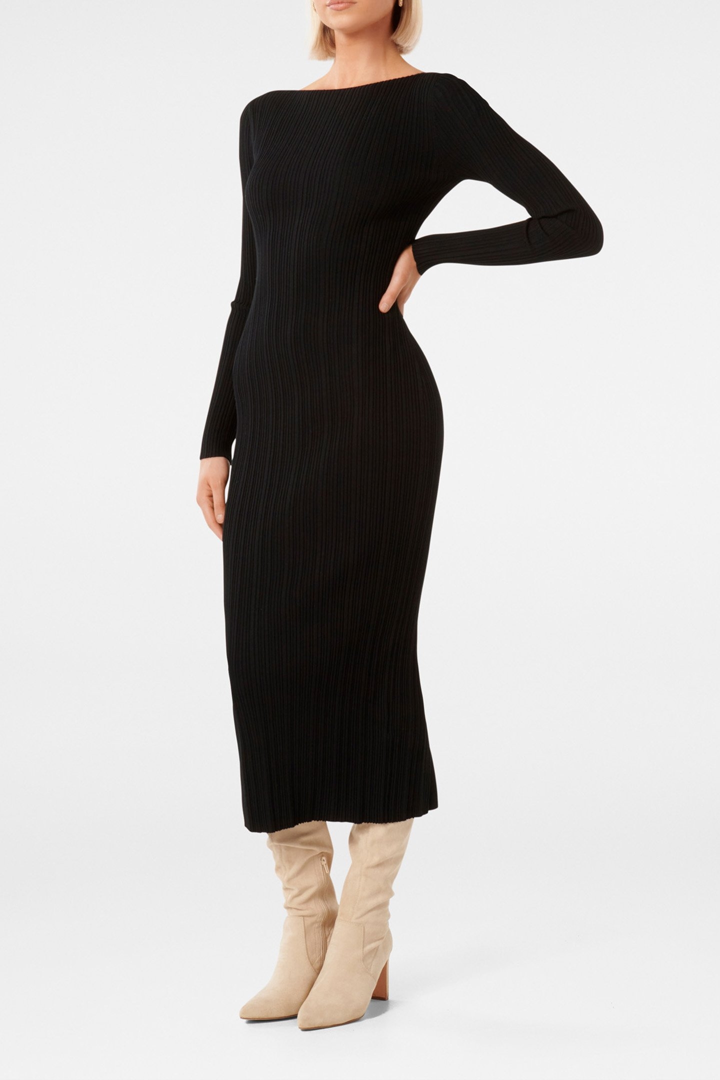 EVIE LONG SLEEVES RIB KNITTED DRESS BLACK 4