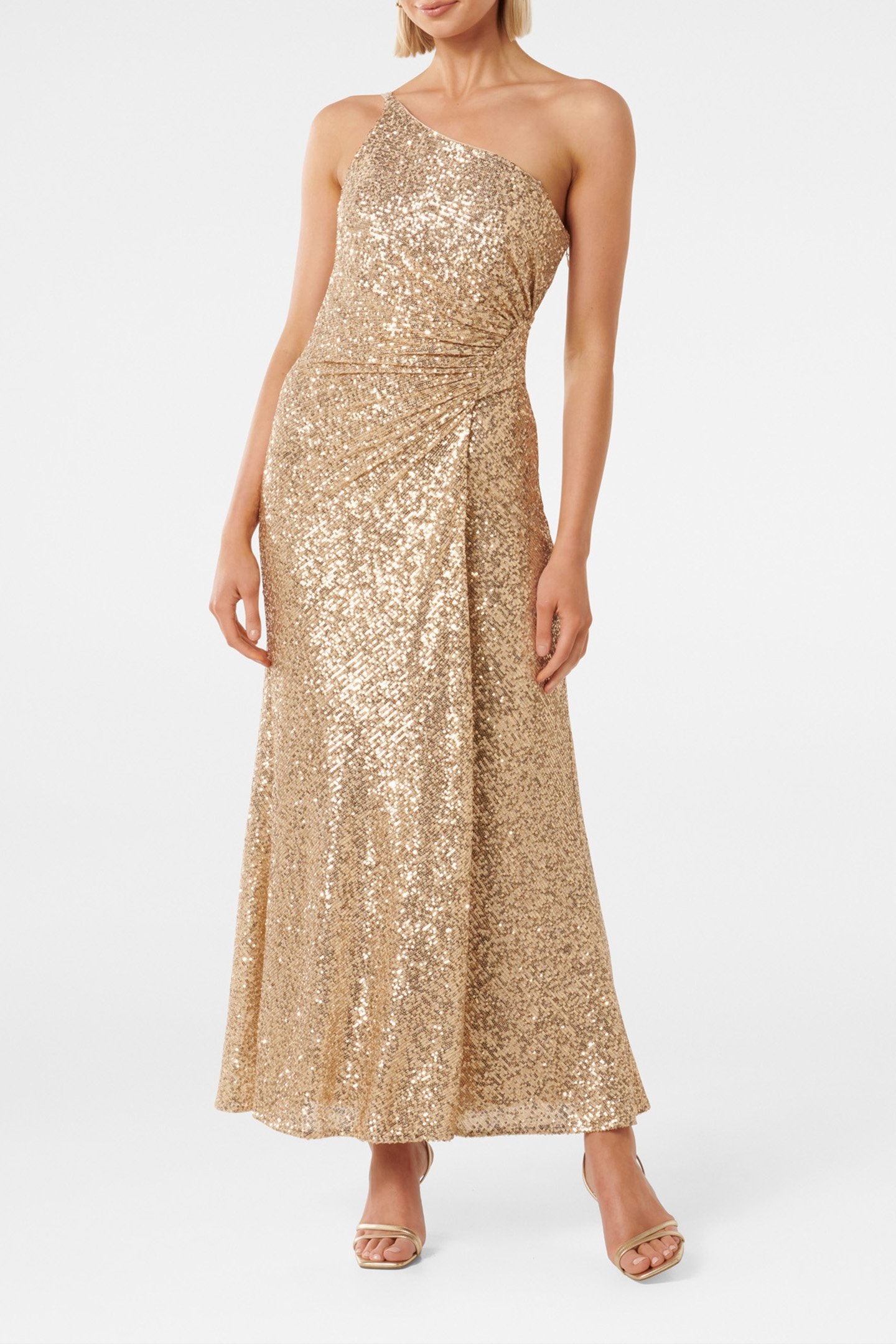 CAROLYN SEQUIN ASYMMETRICAL GOWN SOFT GOLD 1