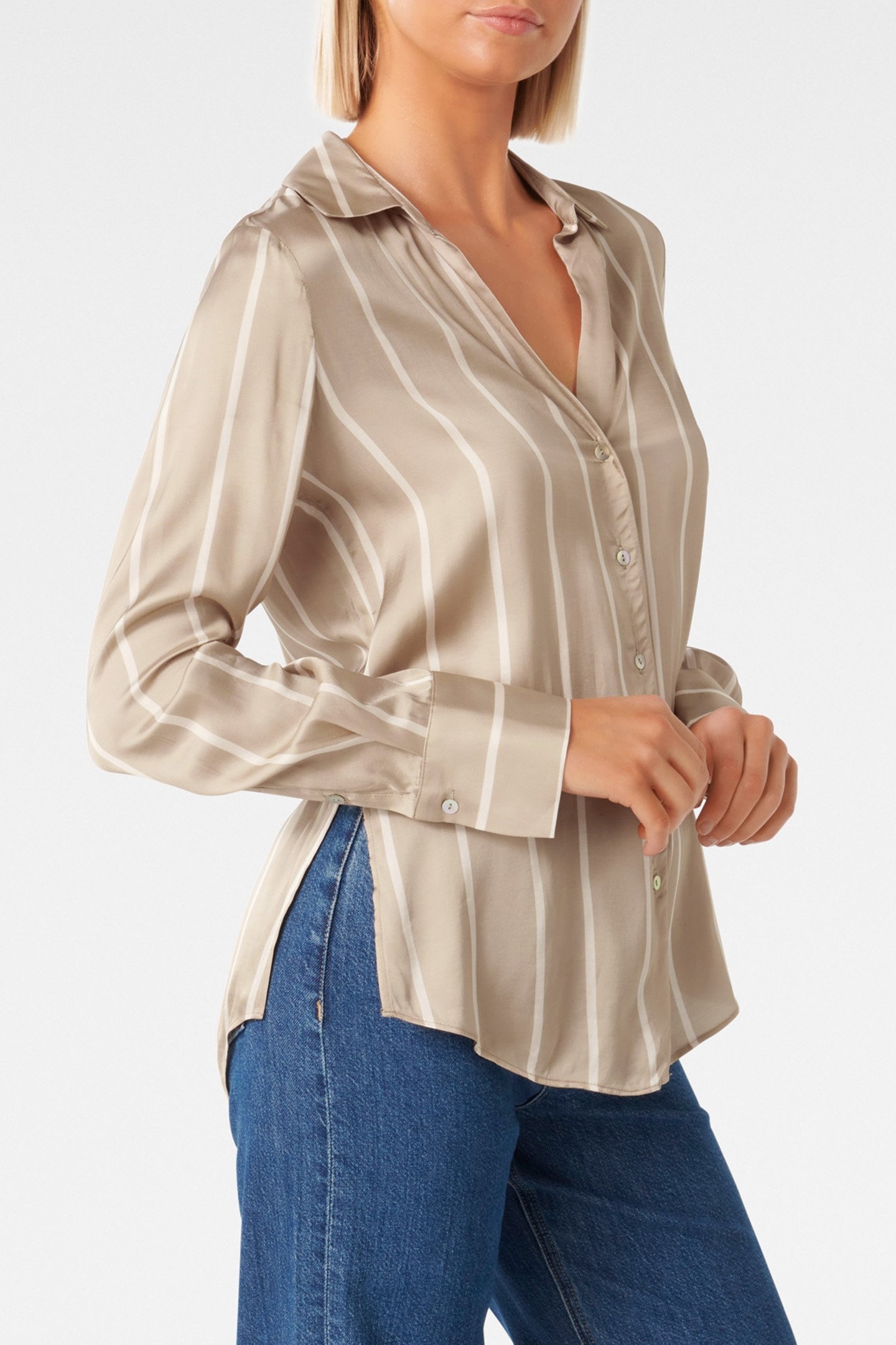 HARVEY NOTCHED NECK SATIN SHIRT TAN ARBORY STRIPE 5