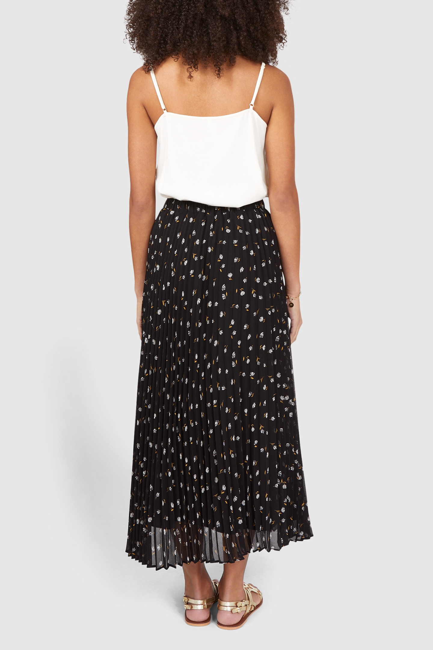 BLACK PLEATED LONG SKIRT, ROCK MINI-FLOWER PRINT 2