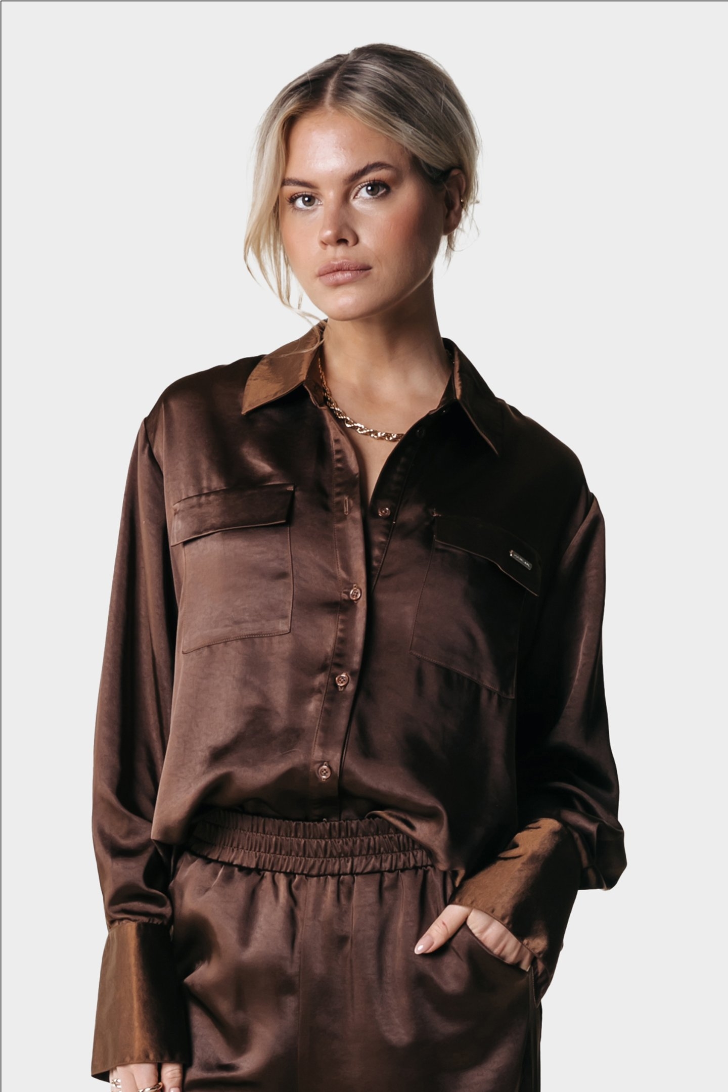 OLETTA SATIN BUTTON DOWN BLOUSE DARK BROWN 1
