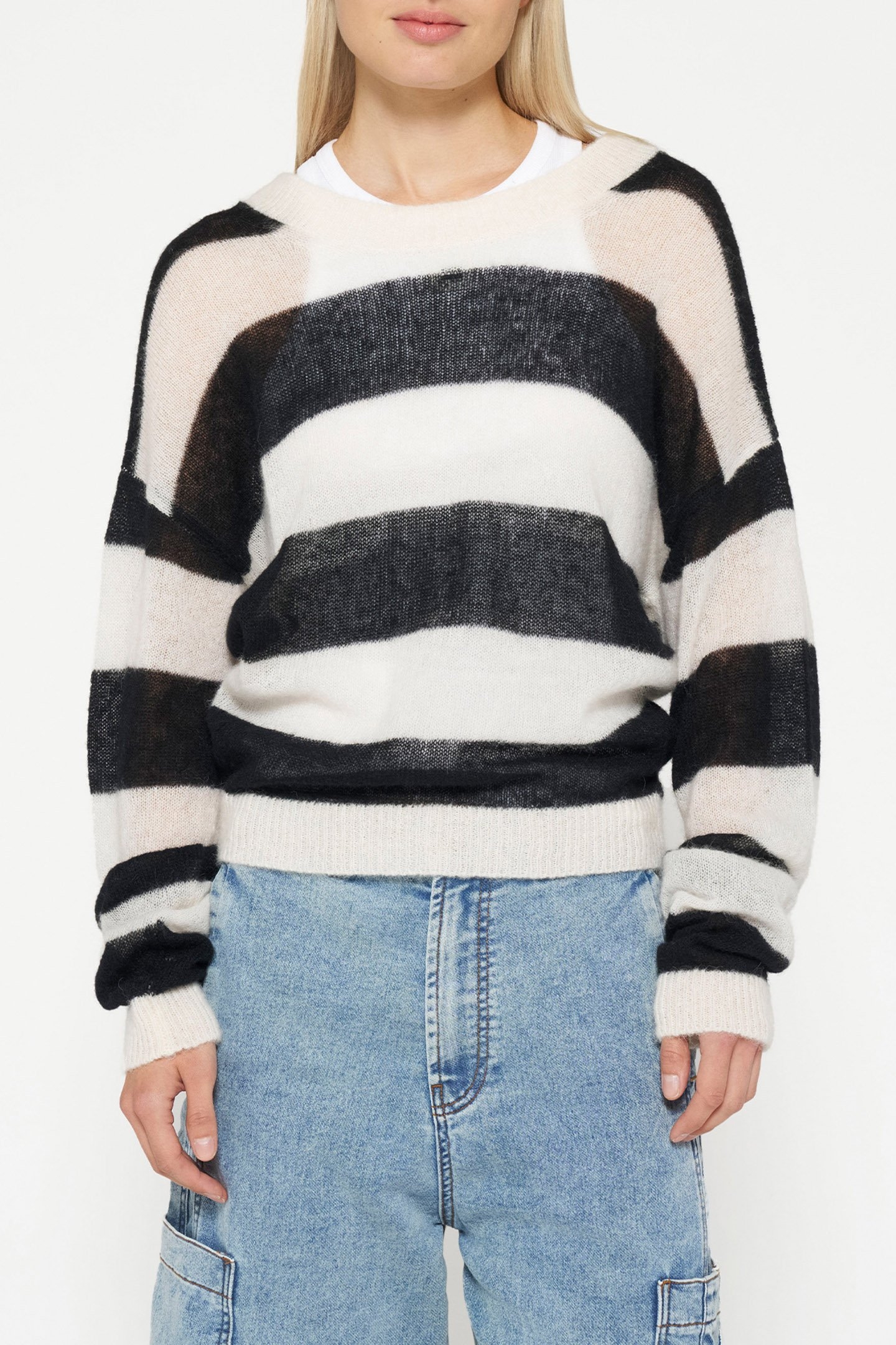 THIN KNIT SWEATER BLOCK STRIPE ECRU/BLACK 1