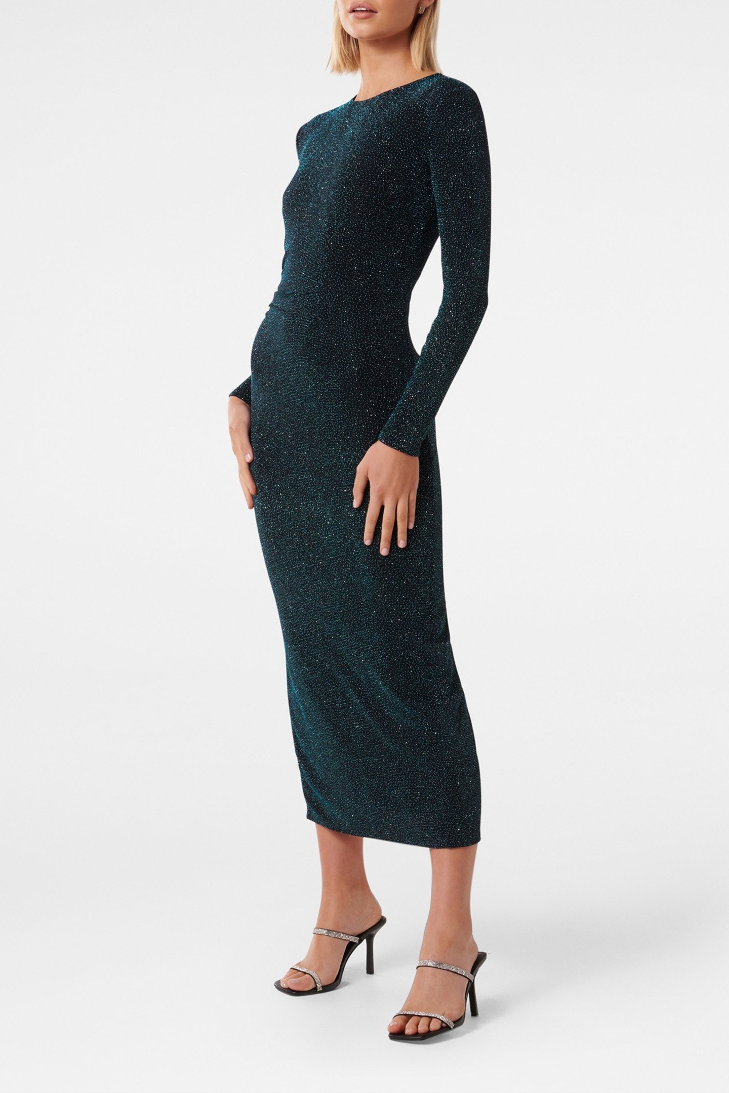 MONICA RUCHED GLITTER BODYCON DRESS TEAL GLITTER 4