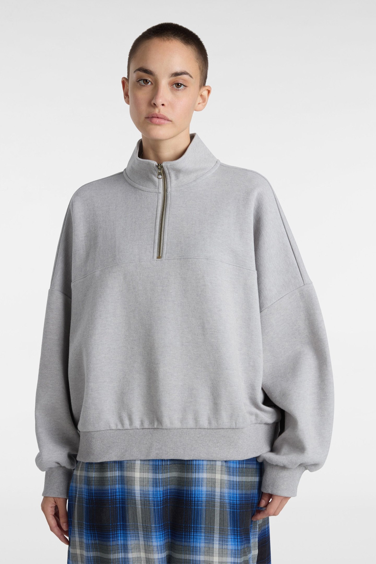 ELEVATED DOUBLE KNIT LOOSE MOCK NECK CEMENT HEATHER 1