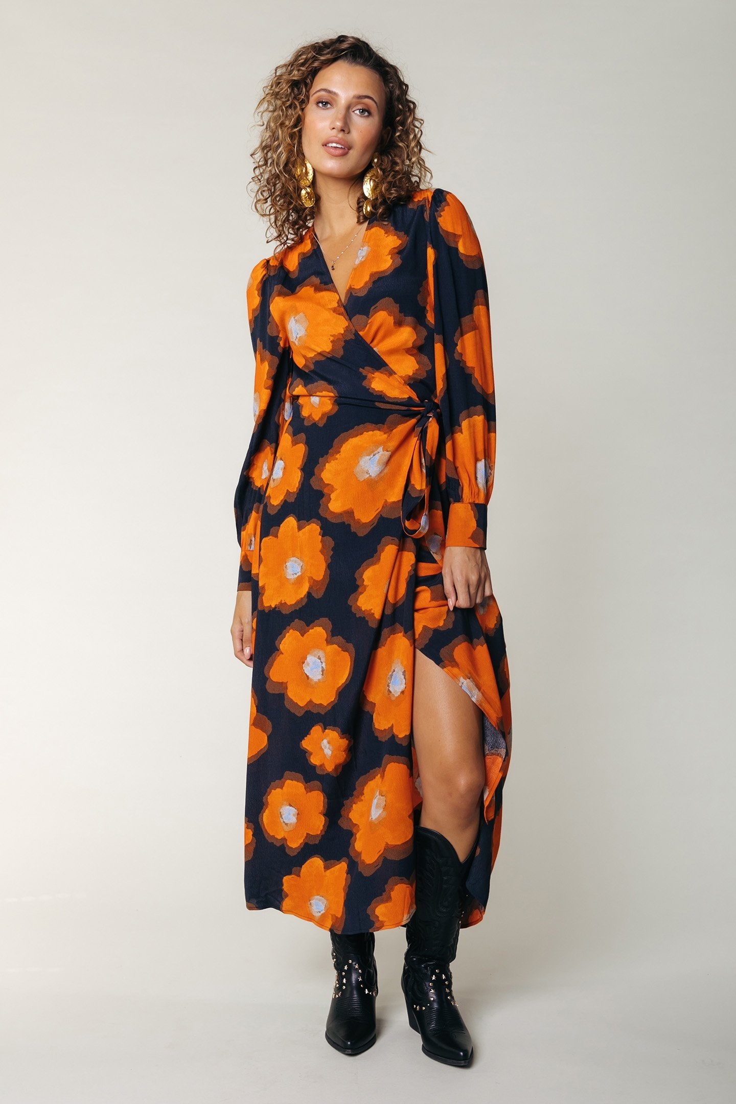 LOLA PAINTED FLOWER LONGSLEEVE MAXI WRAP DRESS MANDARIN ORAN 1
