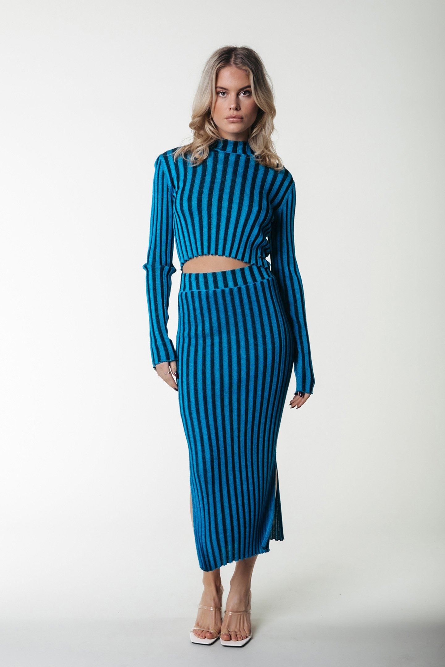ORLA STRIPED GLITTER KNIT MIDI SKIRT LIGHT OCEAN BLUE 1