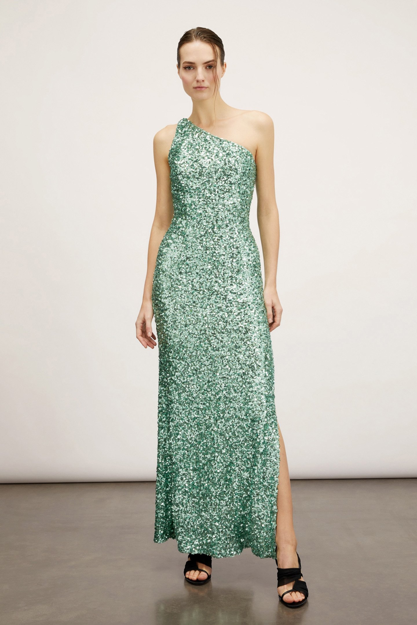 LONG ONE-SHOULDER FULL SEQUIN DRESS GREEN 1