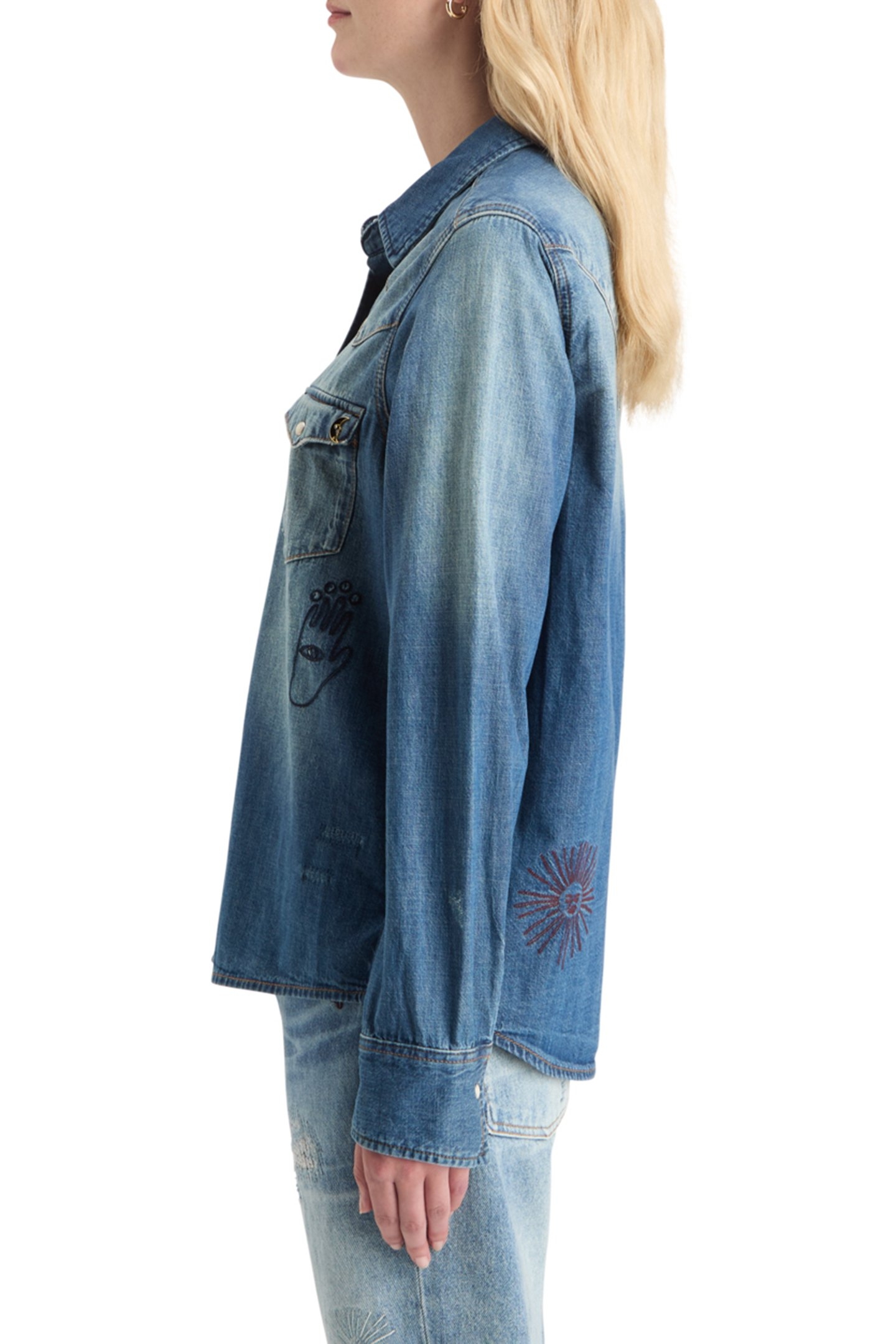 WASHED REGULAR FIT DENIM WESTERN SHIRT WITH EMBROIDERIES WAS 7