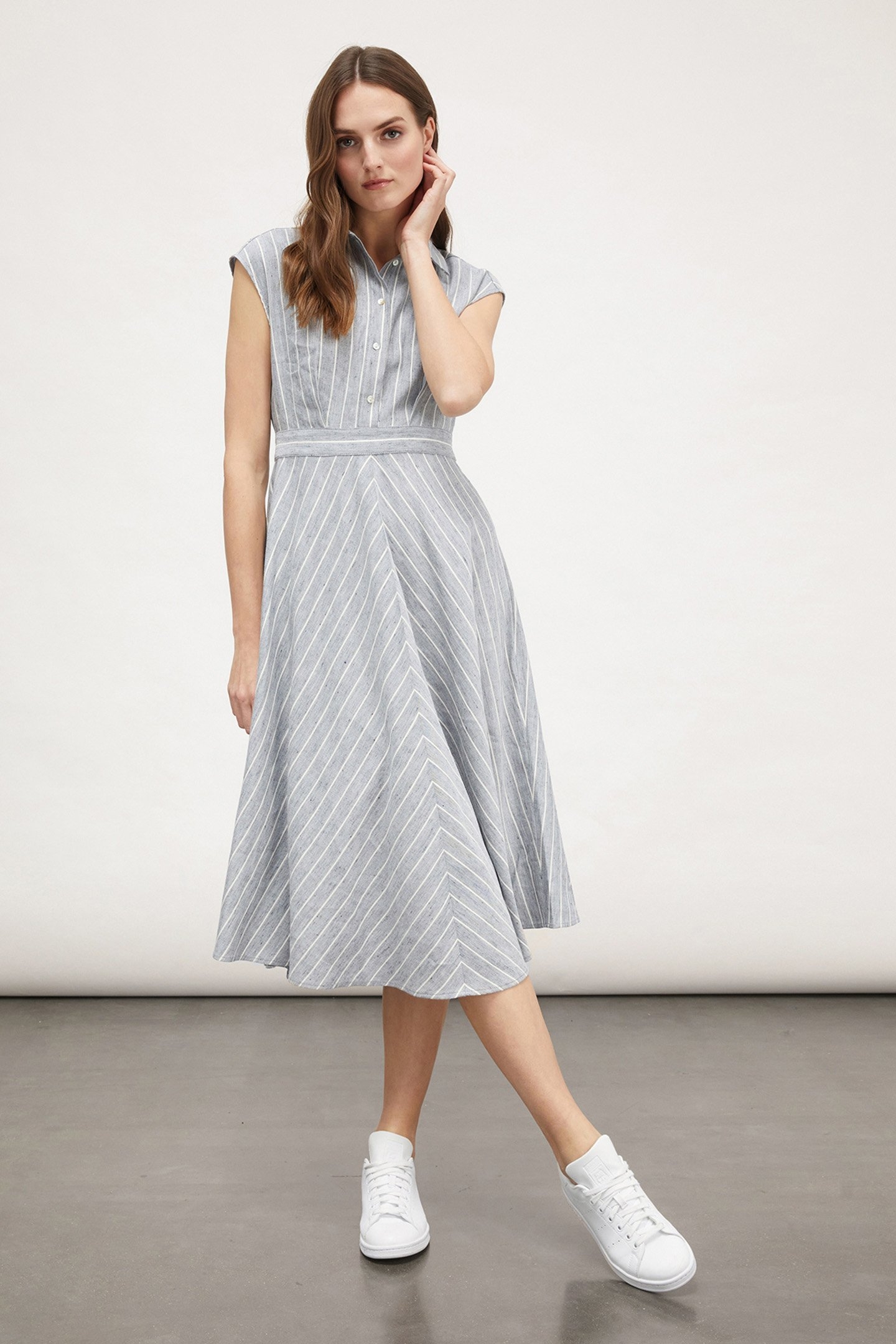 LINEN BLEND PINSTRIPE CHEMISIER DRESS GREY 4