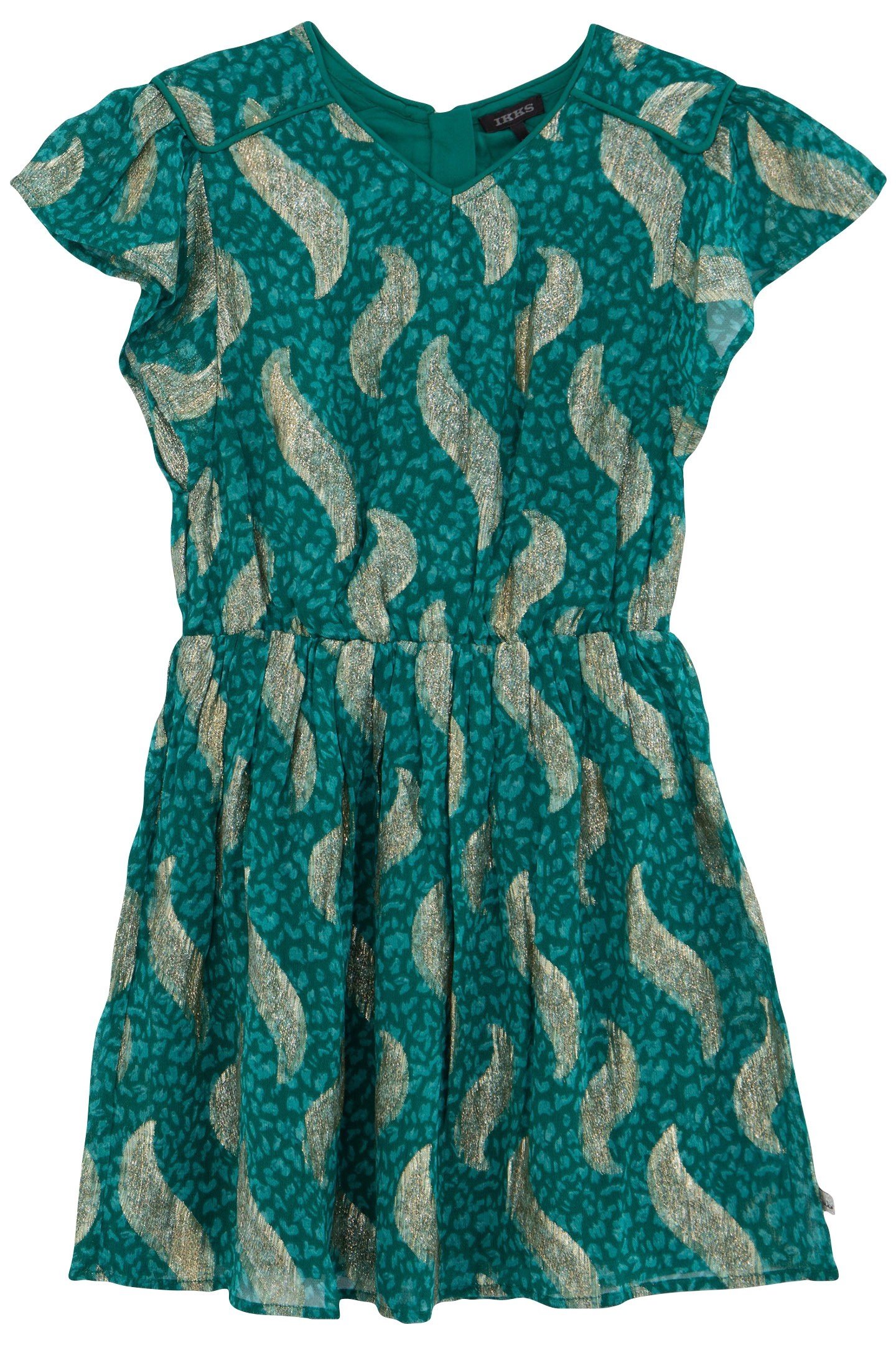 GIRLS' GREEN SHORT DRESS WITH GOLD LEAF PRINT 1