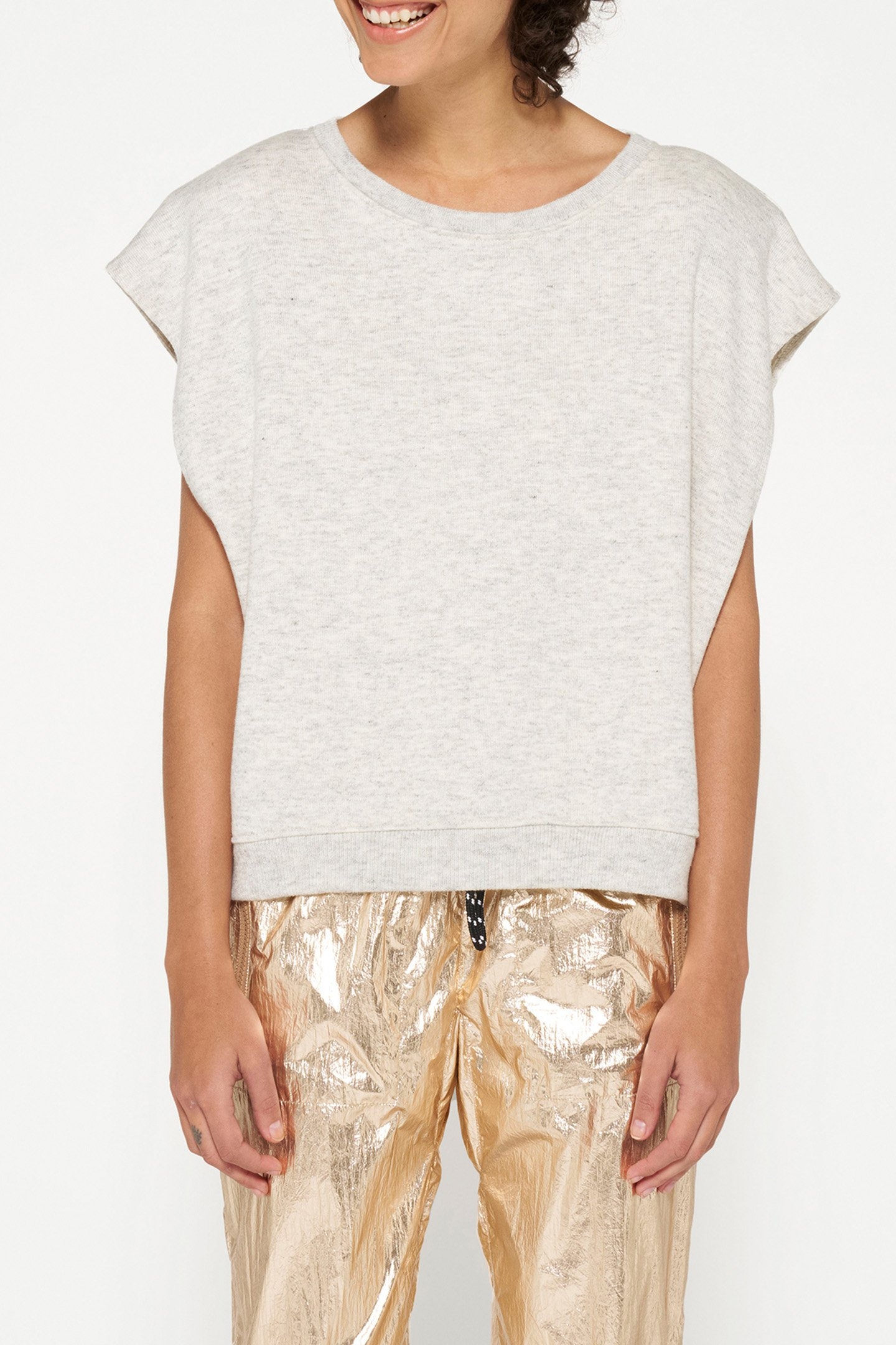 PADDED SHOULDER KNIT TOP WHITE GREY MELEE 1