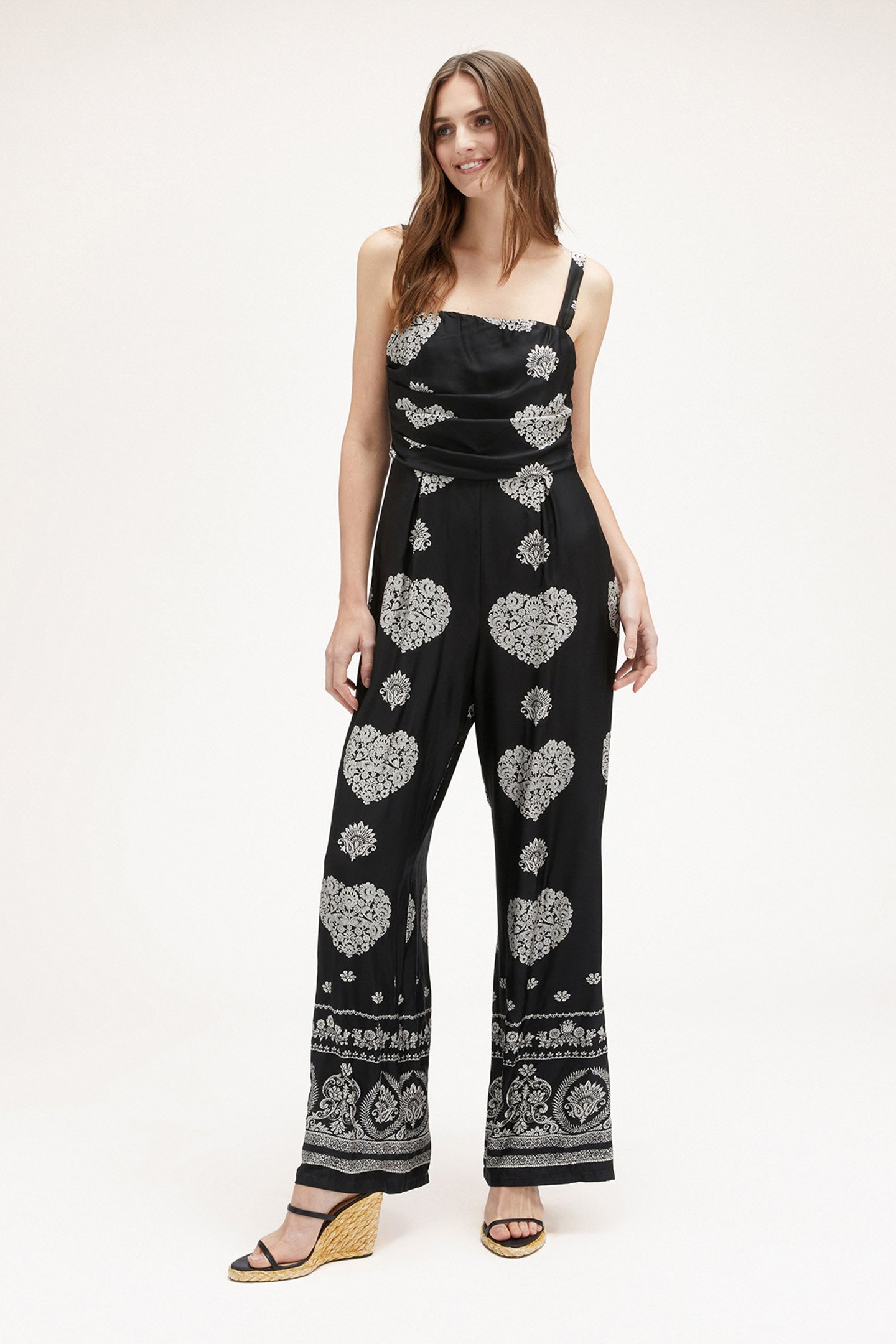 LONG JUMPSUIT IN ETHNIC PATTERNED SATIN BLACK 1