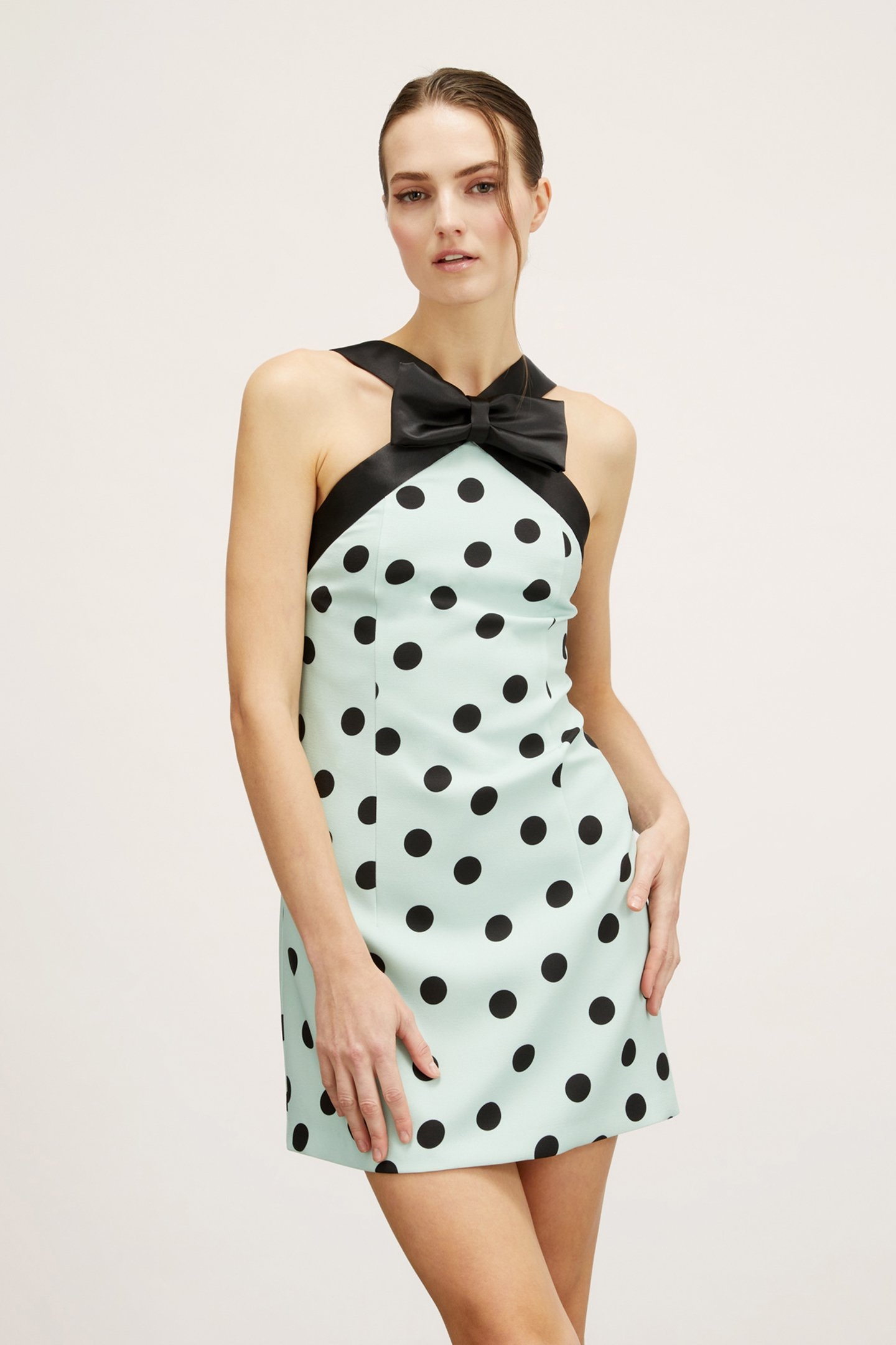 POLKA DOT PATTERNED MINI DRESS WITH BOW AQUAMARINE 1