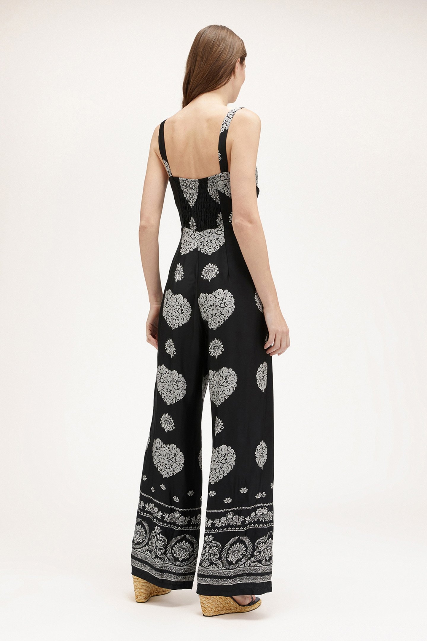 LONG JUMPSUIT IN ETHNIC PATTERNED SATIN BLACK 2