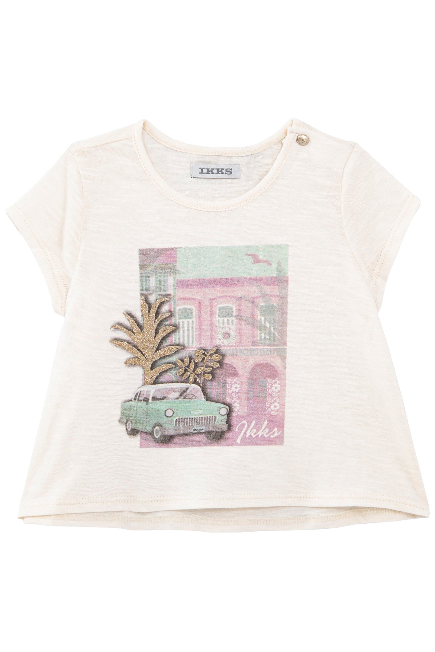 BABY GIRLS’ ECRU T-SHIRT WITH CUBAN CAR & PALM TREE IMAGE 1
