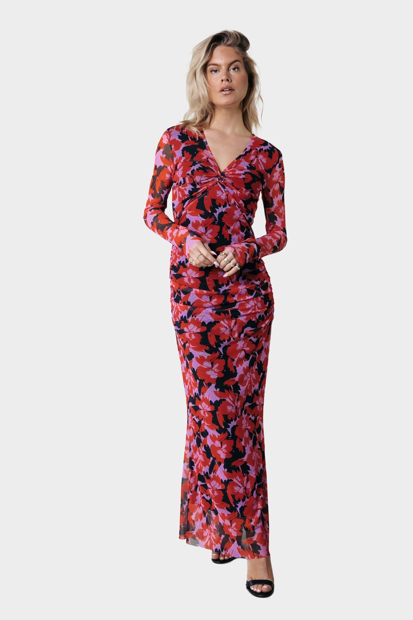 SARIAH ABSTRACT FLOWER V-NECK MESH MAXI DRESS LS SCARLET RED 1